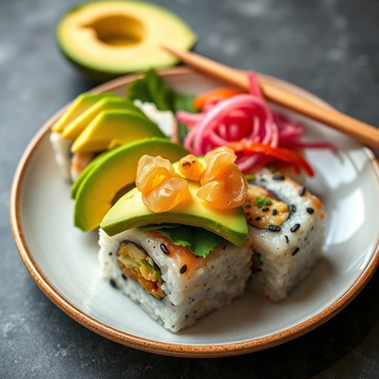 One perfect plated serving of vegan sushi bowls with avocado slices and pickled ginger. Close crop, warm side lighting highlighting texture.