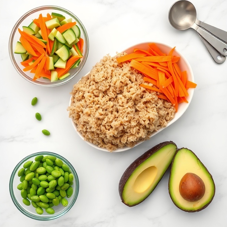 Brown rice, shredded carrots, cucumber slices, edamame, avocado, and nori sheets arranged as an overhead flat lay. Prep bowls and measuring spoons visible.