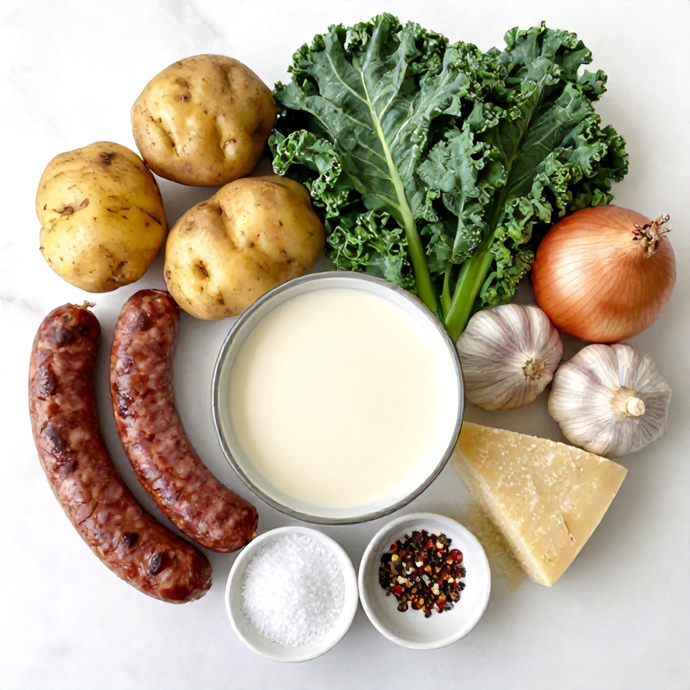 Raw ingredients for Zuppa Toscana Casserole on a marble surface