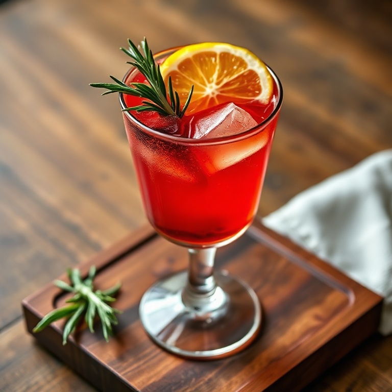 A single glass of the finished cocktail with a sprig of rosemary and a citrus twist on the rim. The drink is clear with a deep red hue, sitting on a wooden tray with a rustic feel.