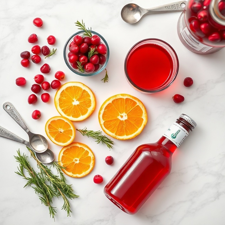 A flat lay of fresh cranberries, rosemary sprigs, orange slices, a glass of sparkling water, and a bottle of cranberry juice arranged on a white marble counter with measuring spoons and a small bowl.