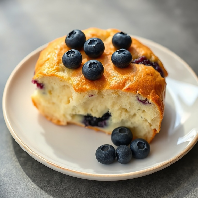 Single serving of fluffy cottage cheese blueberry cloud bread garnished with fresh blueberries on a white plate with warm side lighting