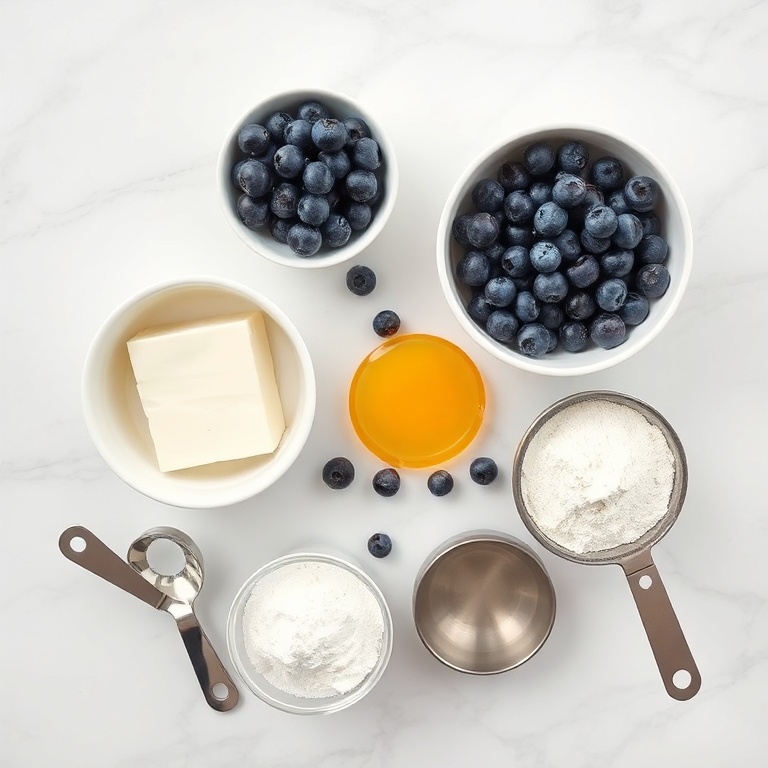 Raw ingredients for fluffy cottage cheese blueberry cloud bread including cottage cheese, fresh blueberries, eggs, flour, and baking powder in bowls on white marble surface