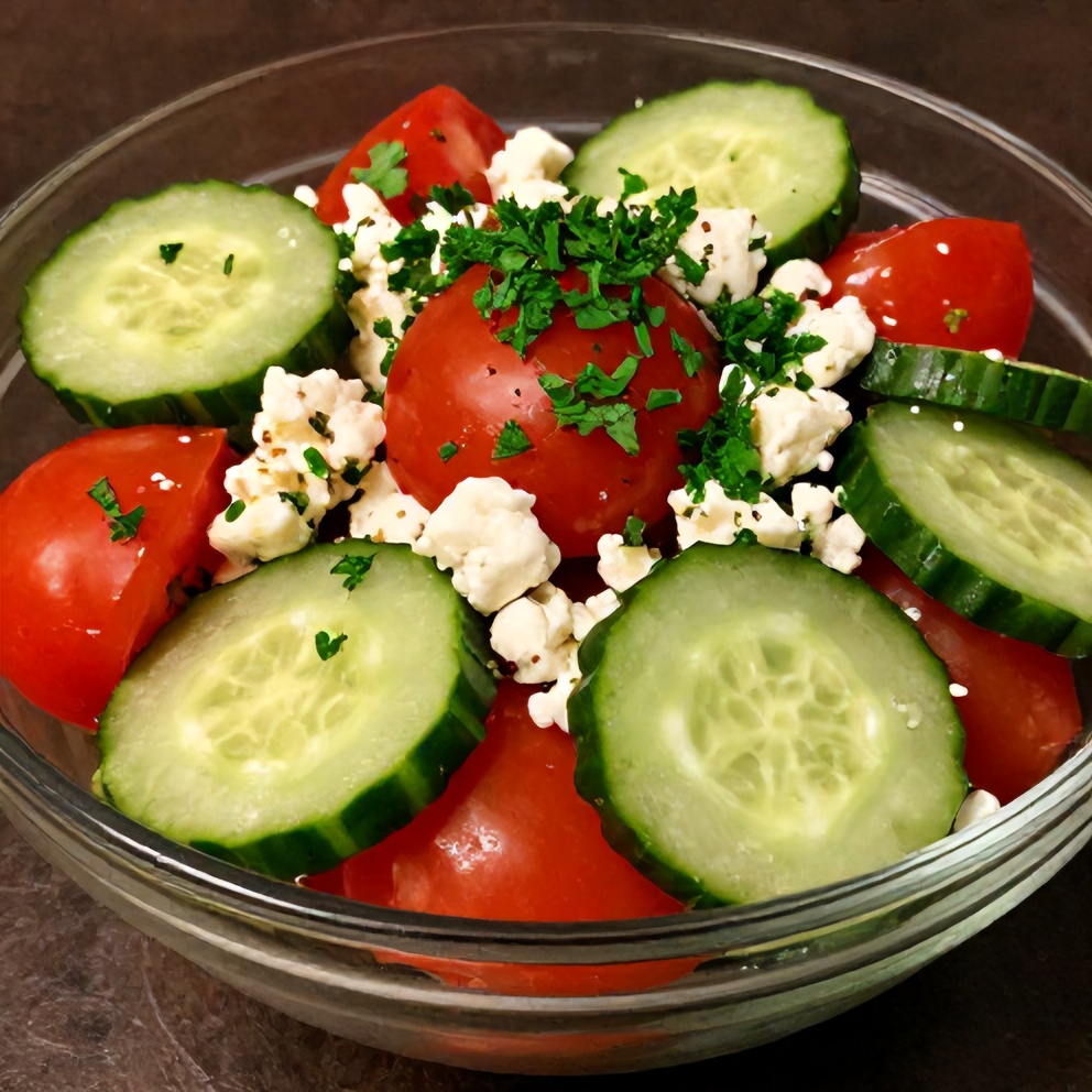 Cucumber tomato feta salad served in a glass bowl with a sprinkle of fresh parsley