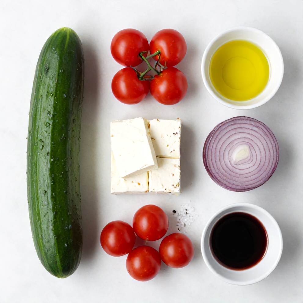 Cucumber, tomato, feta, red onion, olive oil, vinegar, salt, and pepper arranged on a white marble surface