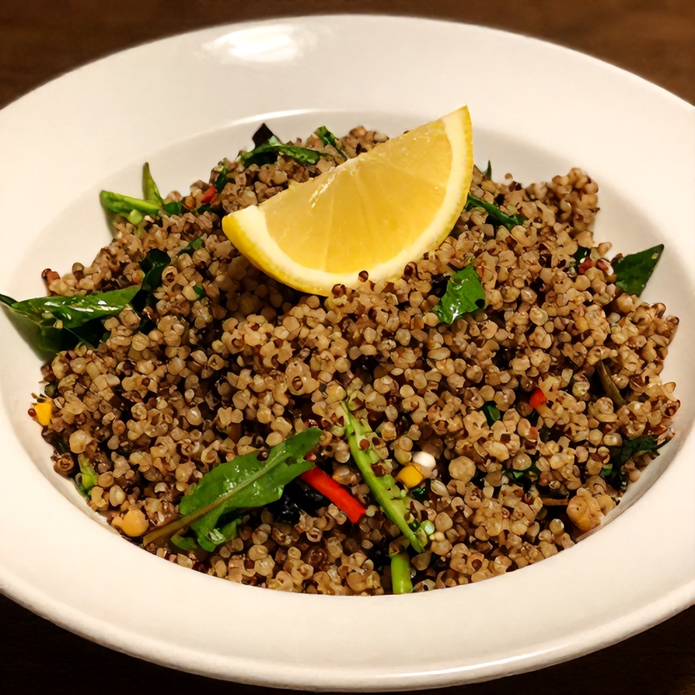 Quinoa Tabbouleh Salad served in a bowl with a lemon wedge