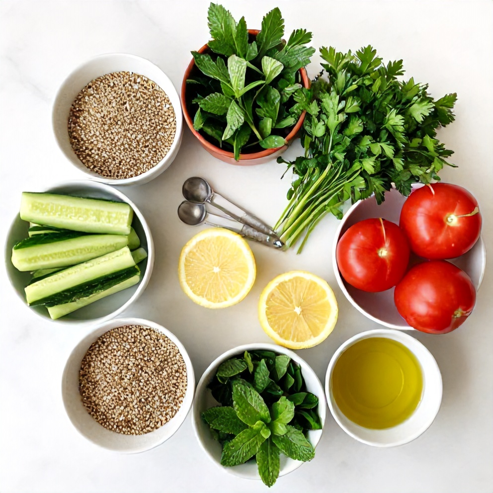 Quinoa, cucumber, tomatoes, parsley, and other ingredients for Quinoa Tabbouleh Salad