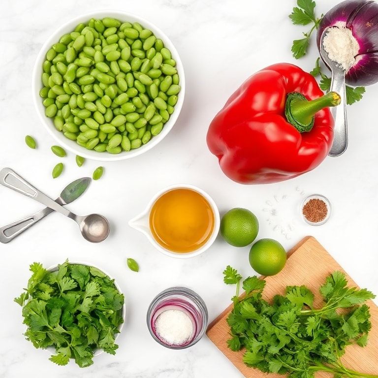 Raw ingredients for fresh edamame salad including shelled edamame, red bell pepper, red onion, cilantro, and limes arranged in bowls on a white marble surface