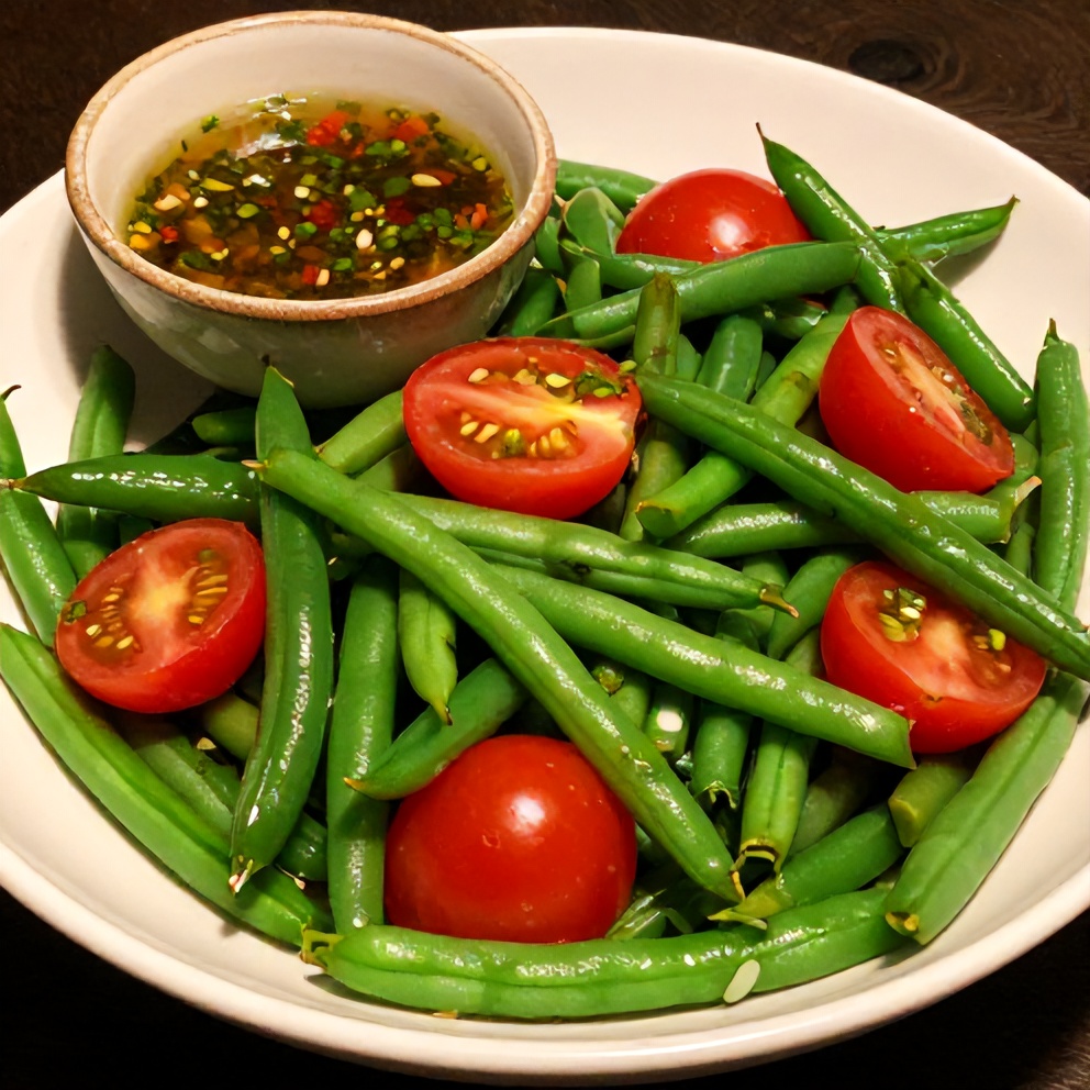 Plated fresh green bean and tomato salad with tangy vinaigrette