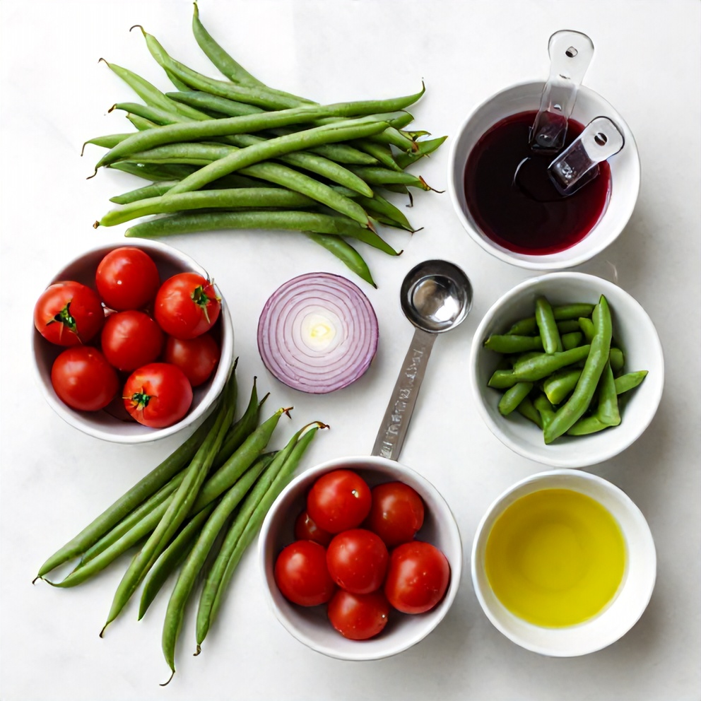 Raw ingredients for fresh green bean and tomato salad