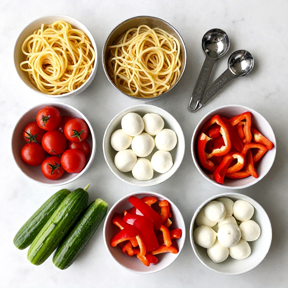 Raw ingredients for Fresh Italian Pasta Salad with Mozzarella and Veggies