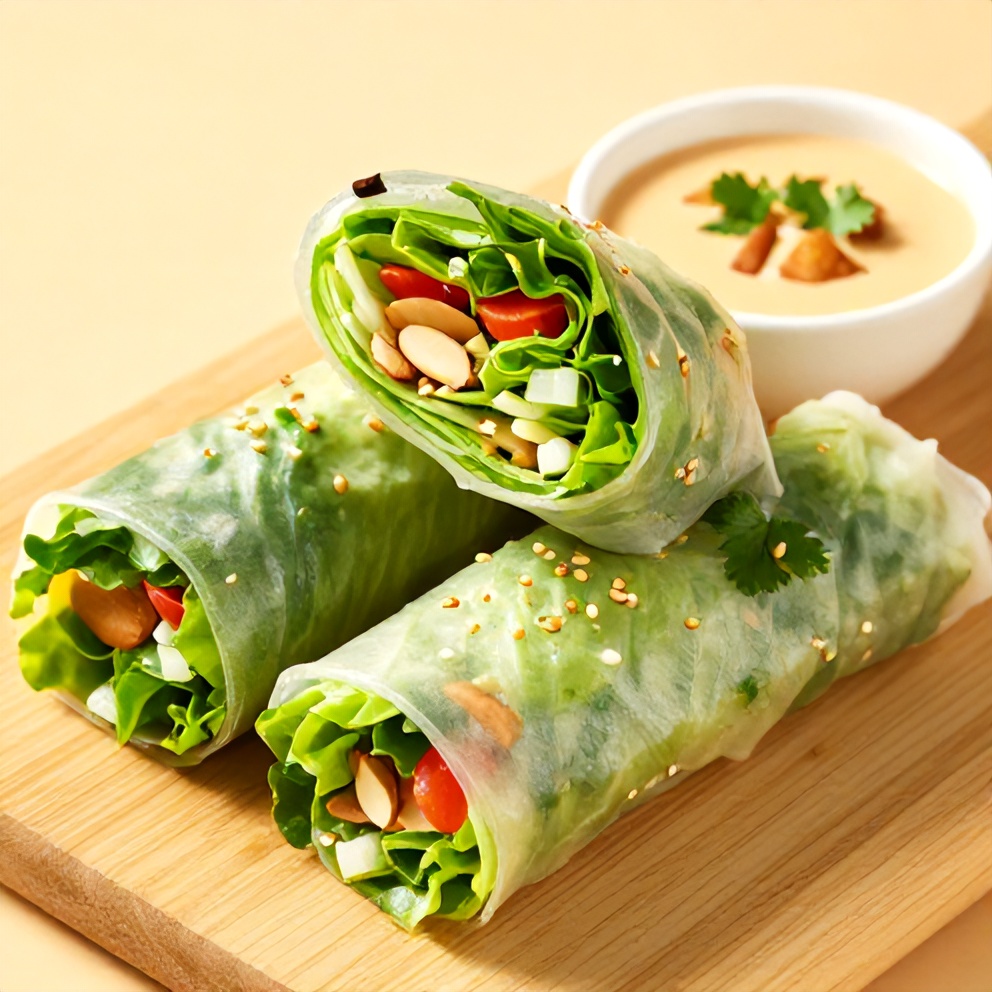 Plated fresh lettuce wrapped veggie spring rolls with almond dip on a light wooden surface