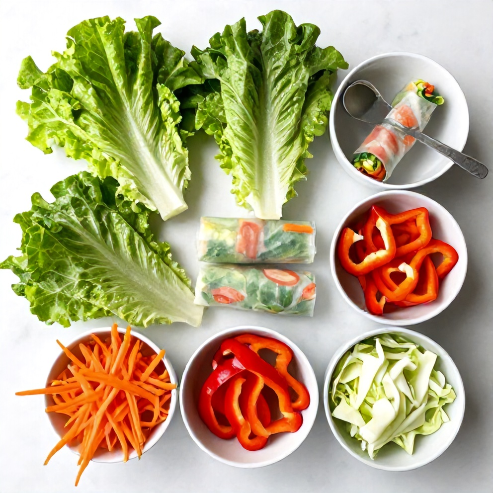 Raw ingredients for fresh lettuce wrapped veggie spring rolls on a white marble surface