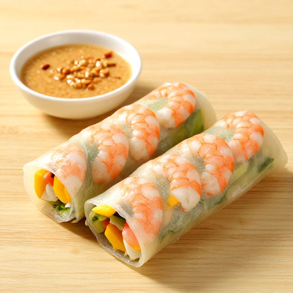 Plated summer rolls with peanut dipping sauce on a light wooden surface