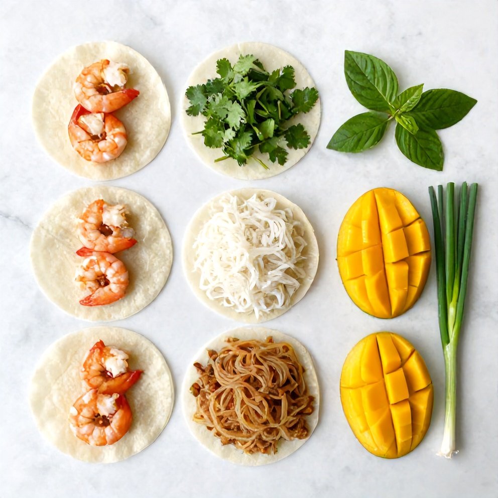 Rice paper, shrimp, mango, vermicelli, and herbs laid out on a white marble surface