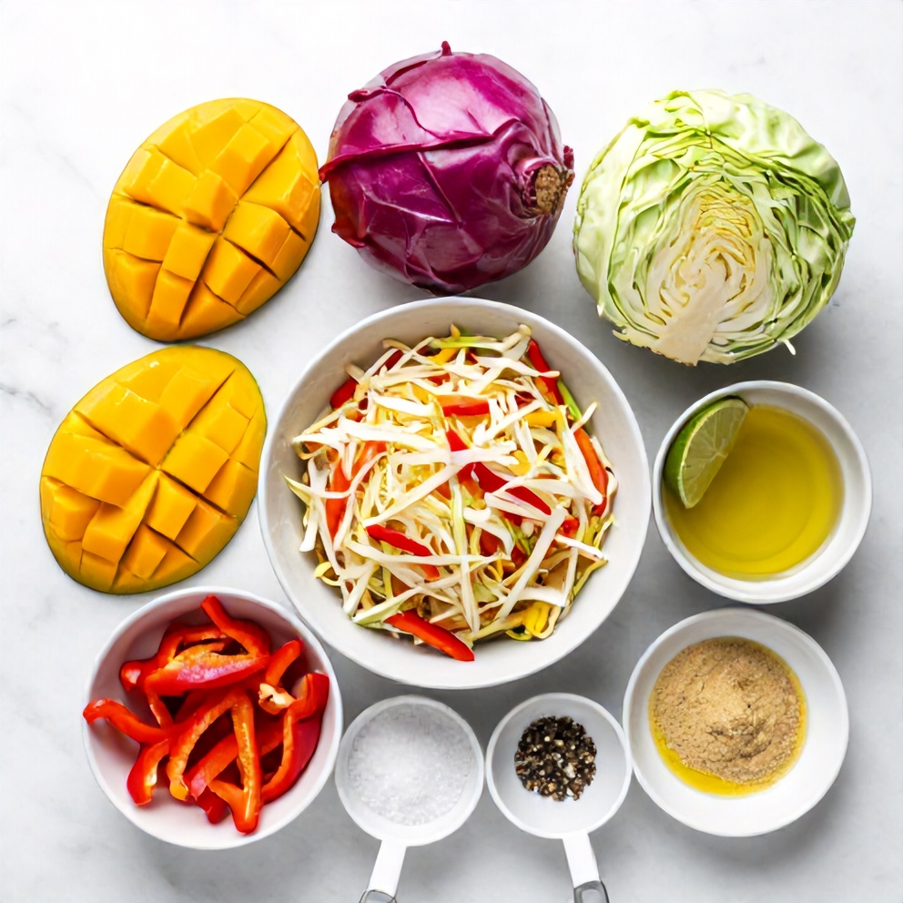 Raw ingredients for fresh mango slaw