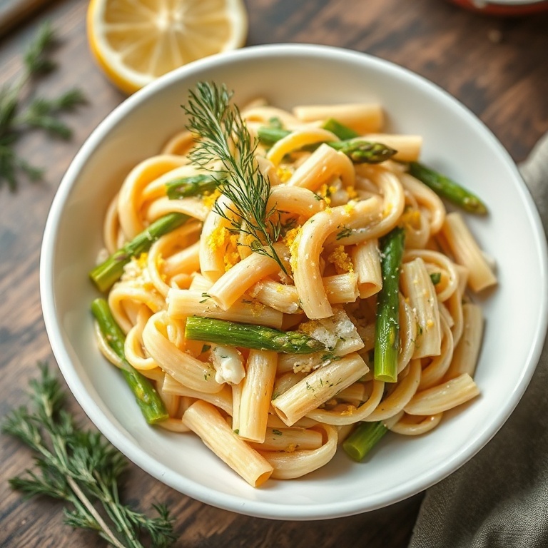 Plated serving of fresh spring pasta salad garnished with lemon zest and fresh dill in a white ceramic bowl with warm side lighting