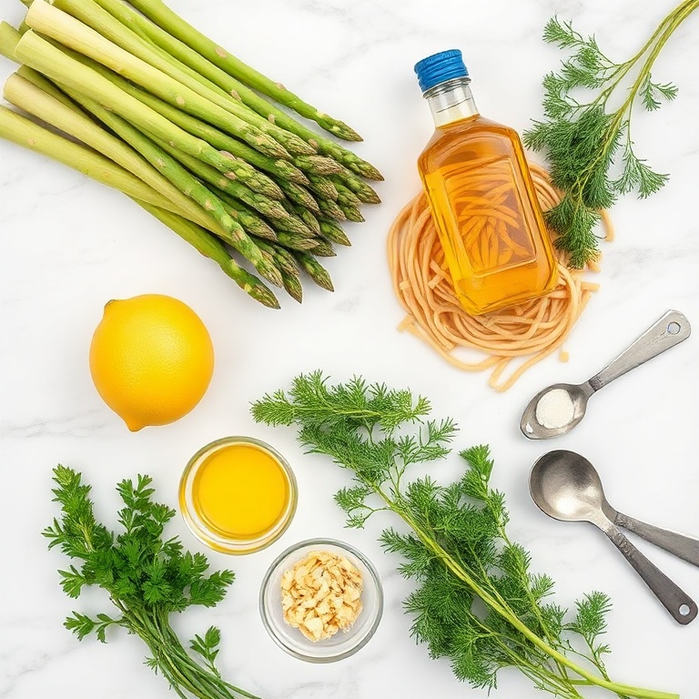 Overhead flat lay of raw ingredients including asparagus, pasta, lemon, fresh dill, and olive oil with prep bowls and measuring spoons on a white marble surface