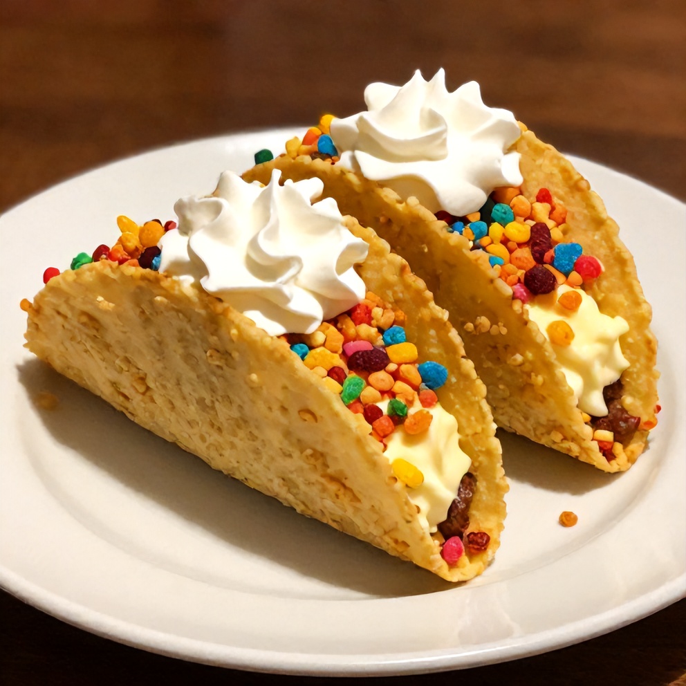 Fruity Pebbles Cheesecake Tacos served on a plate with a garnish of whipped cream