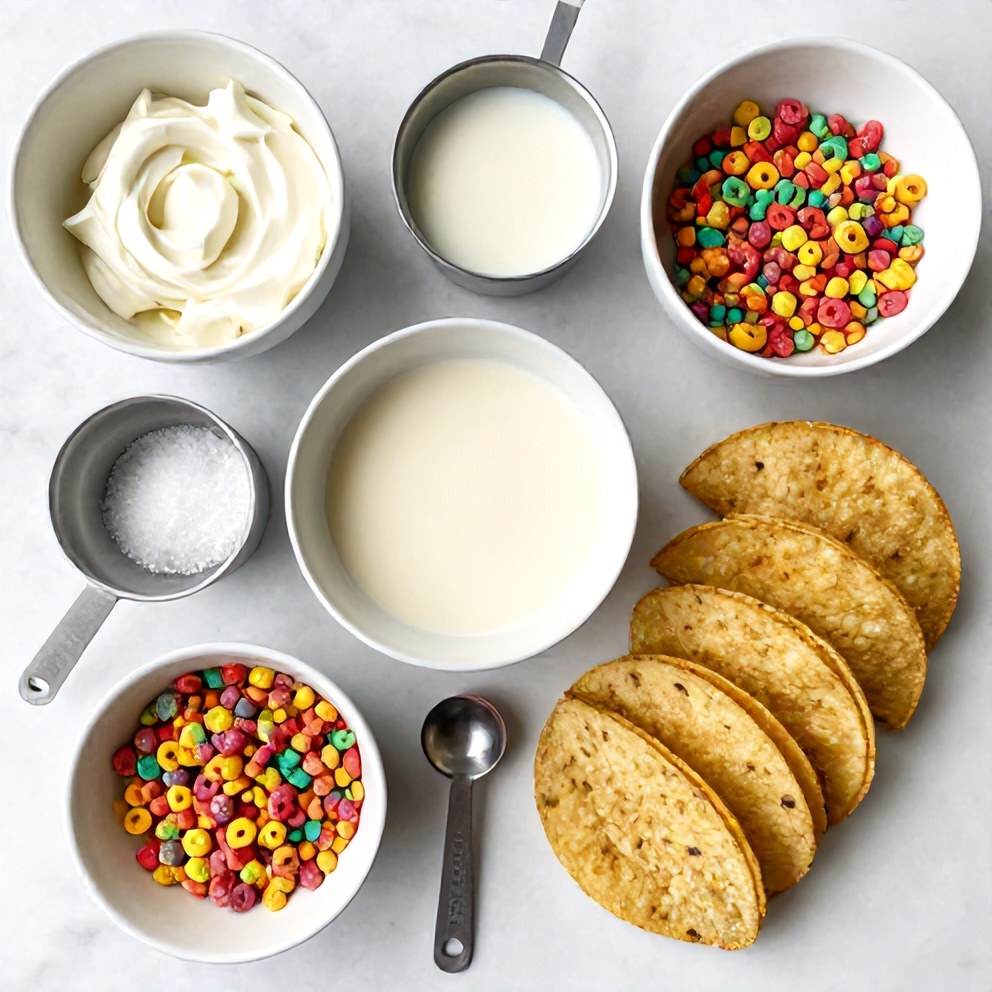 Raw ingredients for Fruity Pebbles Cheesecake Tacos including cream cheese, sweetened condensed milk, Fruity Pebbles cereal, and taco shells