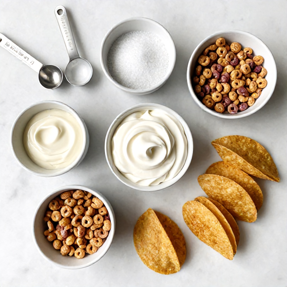 Fruity Pebbles, cream cheese, and other ingredients laid out on a wooden surface