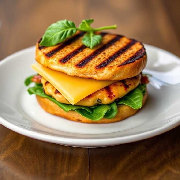 Perfect plated grilled balsamic chicken sandwich with a slice of cheddar cheese. Garnished with fresh spinach. Close crop on a white ceramic plate with warm side lighting.