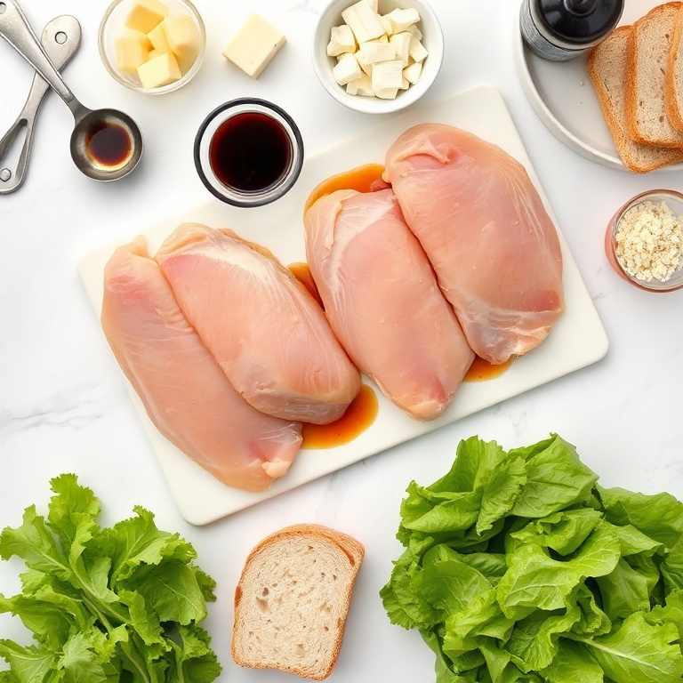 Overhead flat lay of chicken breasts, balsamic vinegar, cheese slices, bread, and lettuce. Measuring spoons, bowls, and a cutting board visible. White marble surface. Bright even natural light.