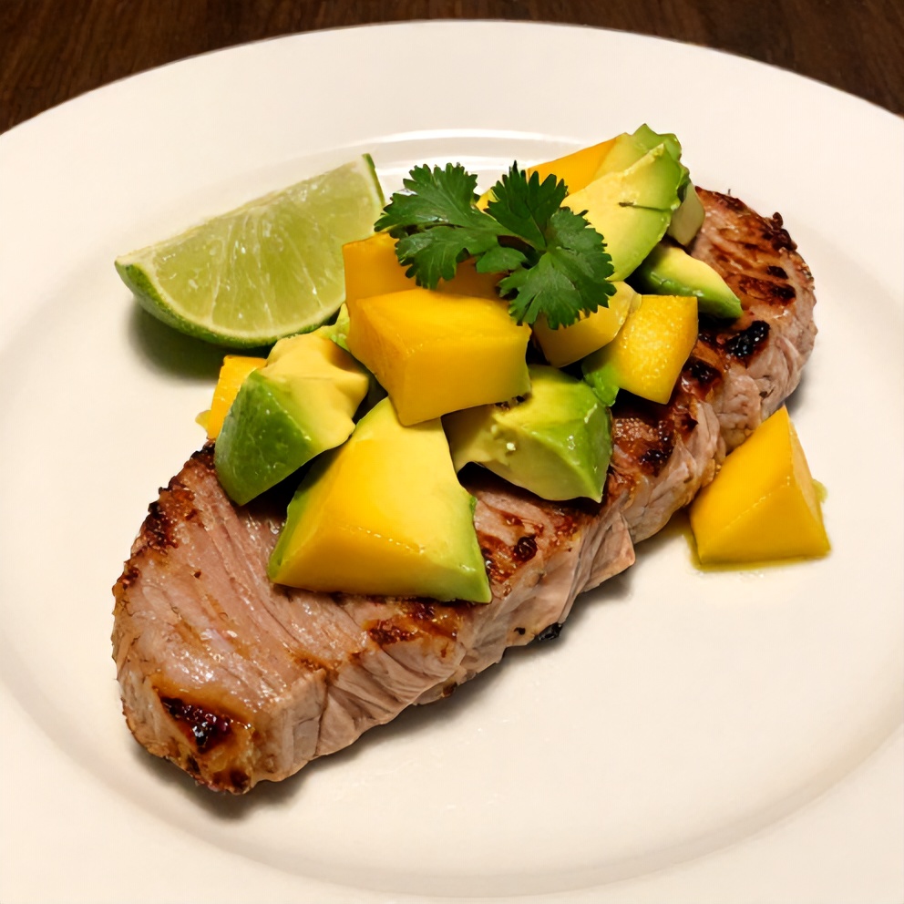 Plated Tuna Steak with Mango Avocado Salsa