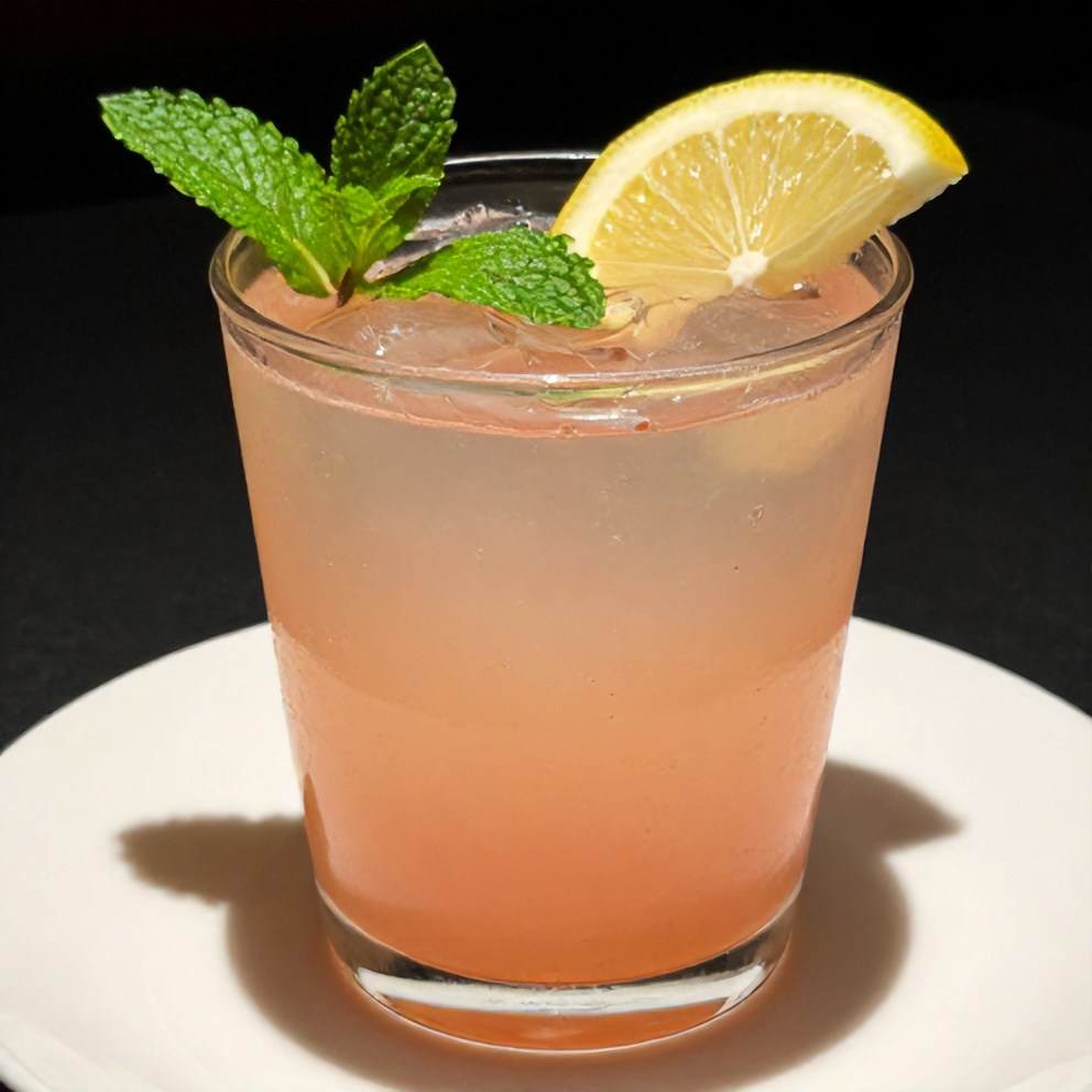 Guava White Tea Lemonade poured in a glass with ice and lemon slices