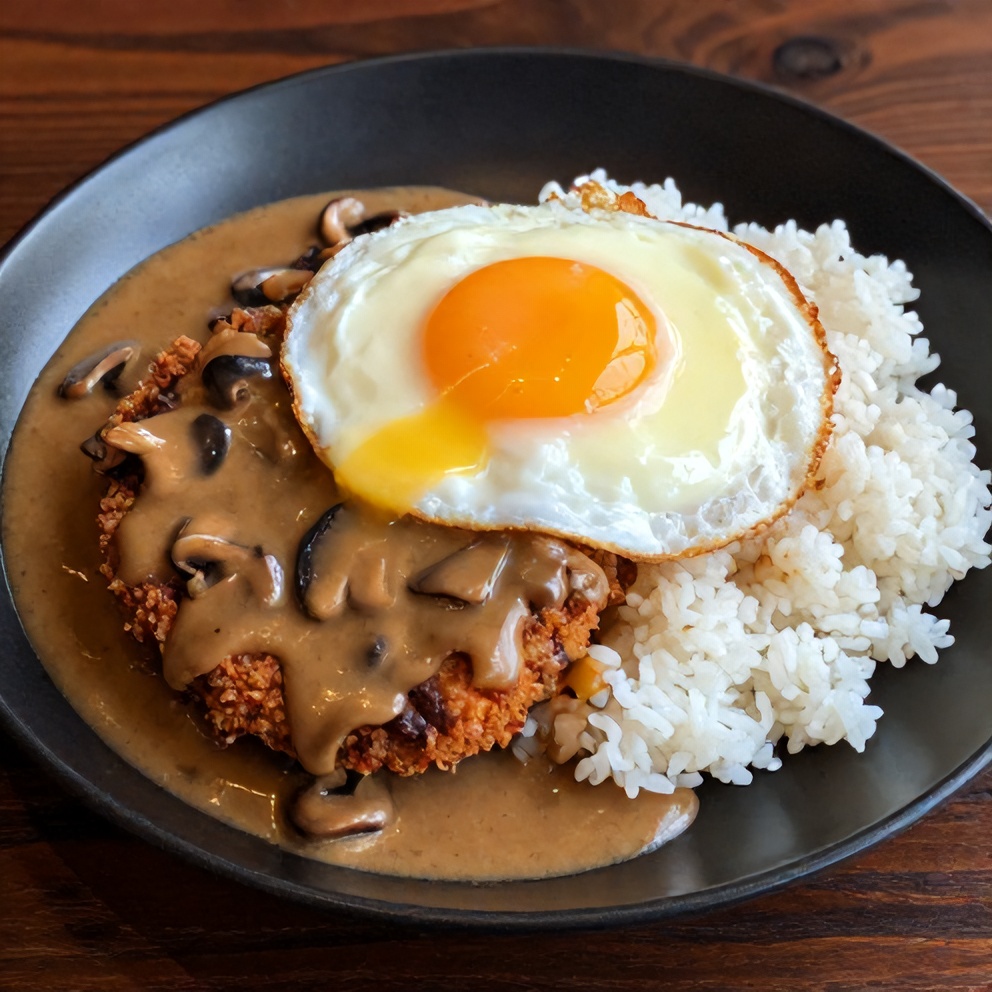 Plated Hawaiian Loco Moco with a golden beef patty, creamy mushroom gravy, a perfectly cooked egg, and steamed white rice