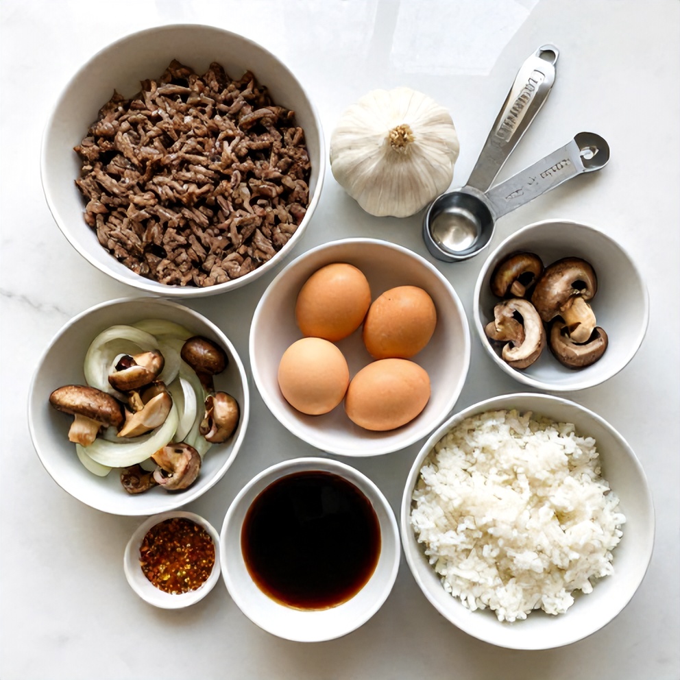 Raw ingredients for Hawaiian Loco Moco: ground beef, onion, garlic, mushrooms, eggs, rice, soy sauce, and seasonings