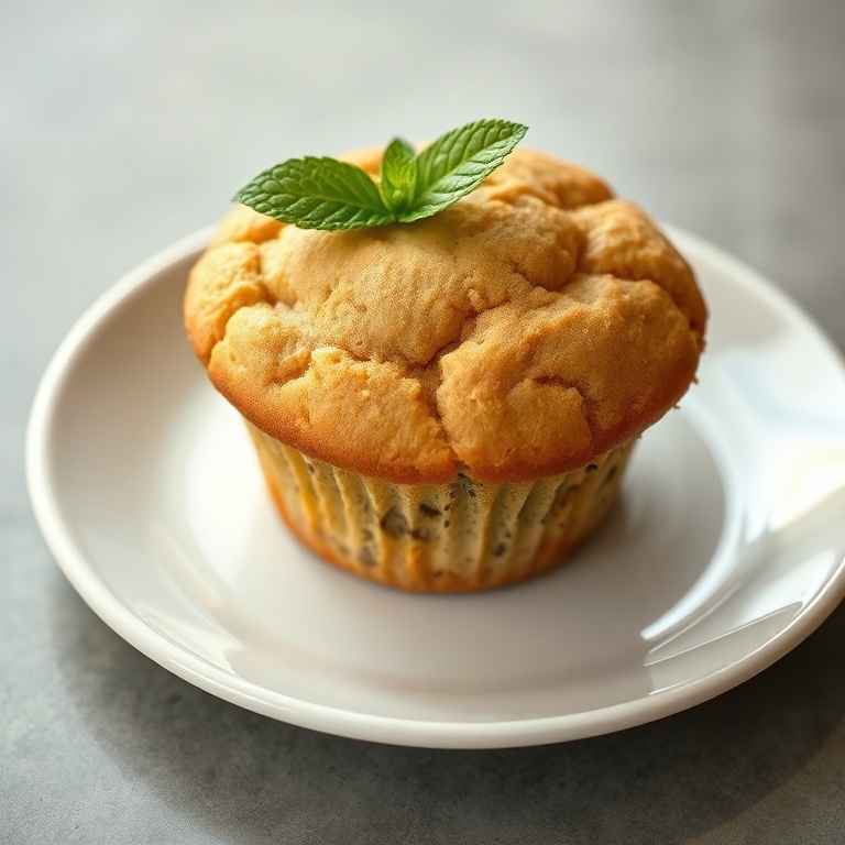 Single serving of healthy Greek yogurt banana muffin garnished with a small mint leaf on a white plate
