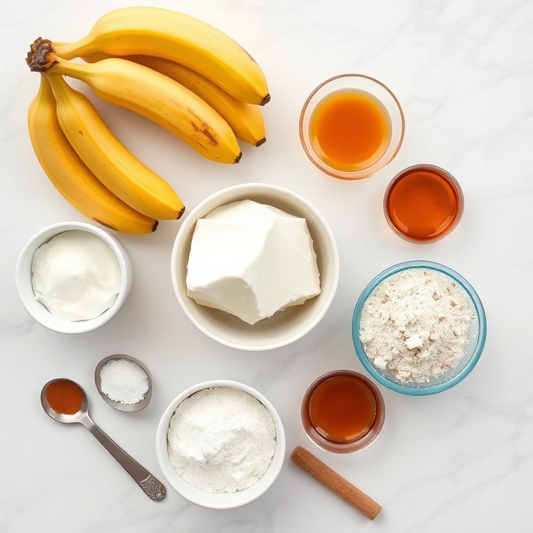 Overhead view of raw ingredients for healthy Greek yogurt banana muffins including bananas, Greek yogurt, flour, eggs, and honey with measuring cups