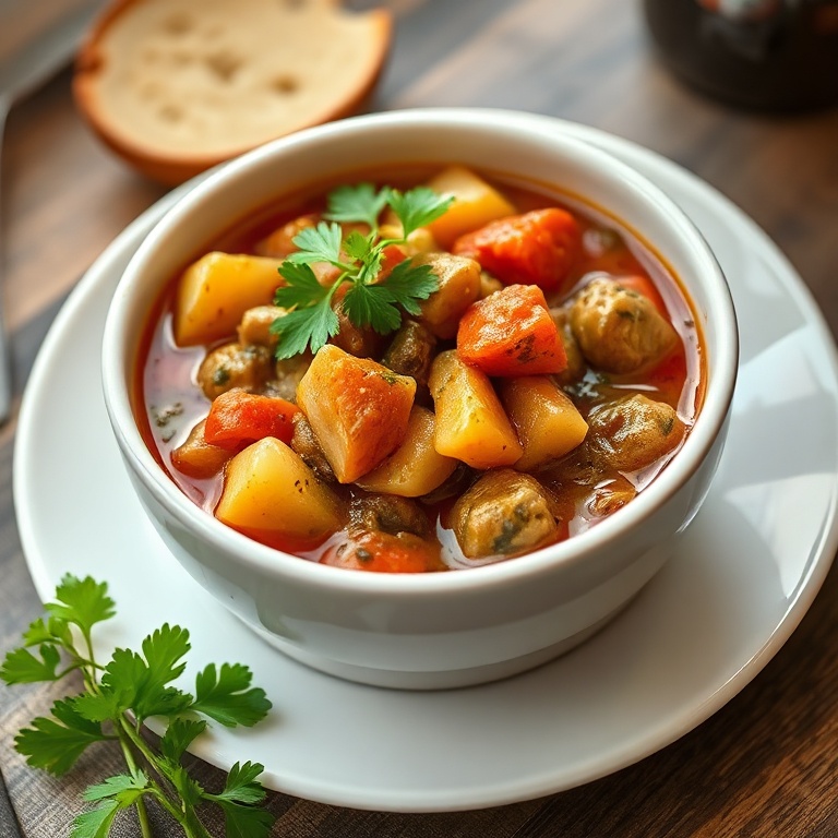 A beautifully plated bowl of hearty Irish vegetarian stew. Topped with fresh parsley. Served in a white ceramic bowl.