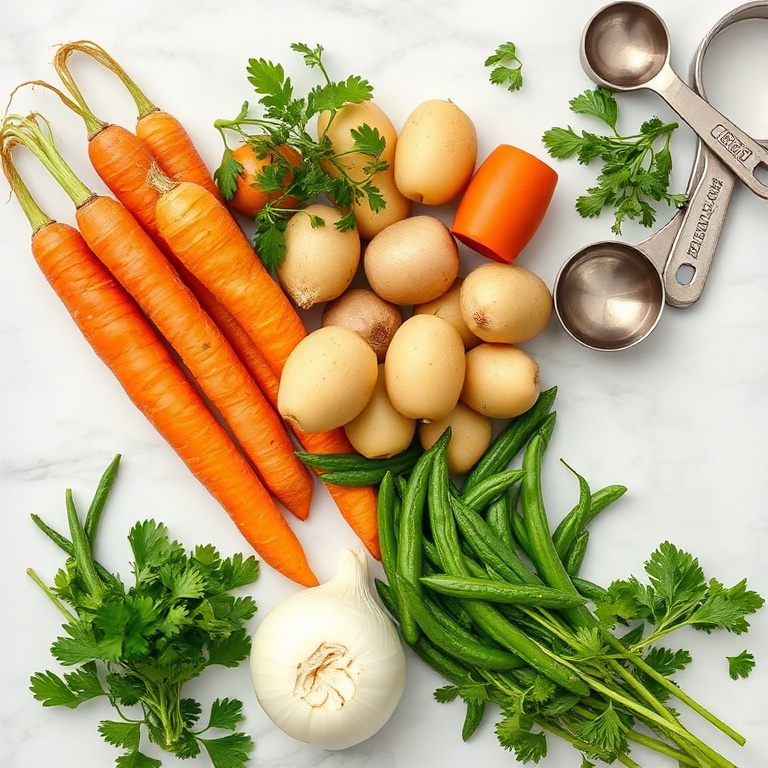 Fresh vegetables and herbs for a hearty Irish vegetarian stew. Carrots, potatoes, green beans, onion, and parsley. Measuring cups and spoons nearby.
