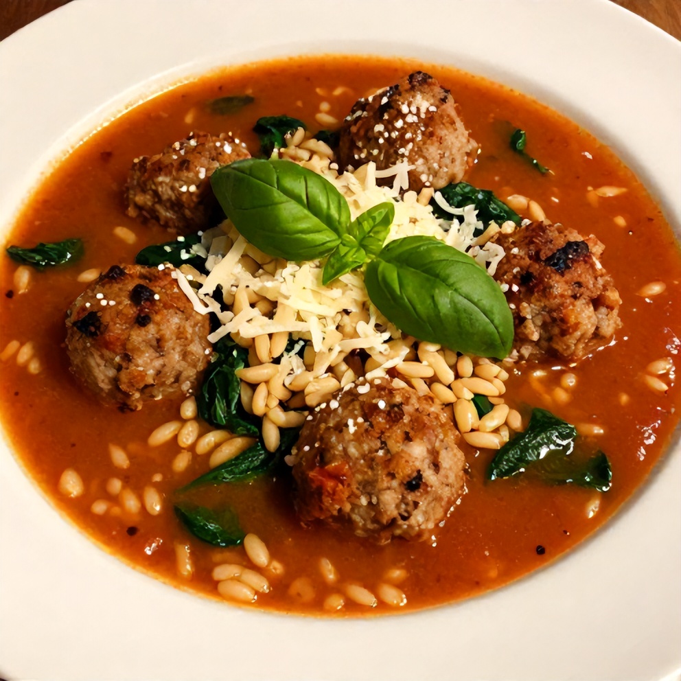 Plated Turkey Meatball Soup with Orzo and Spinach