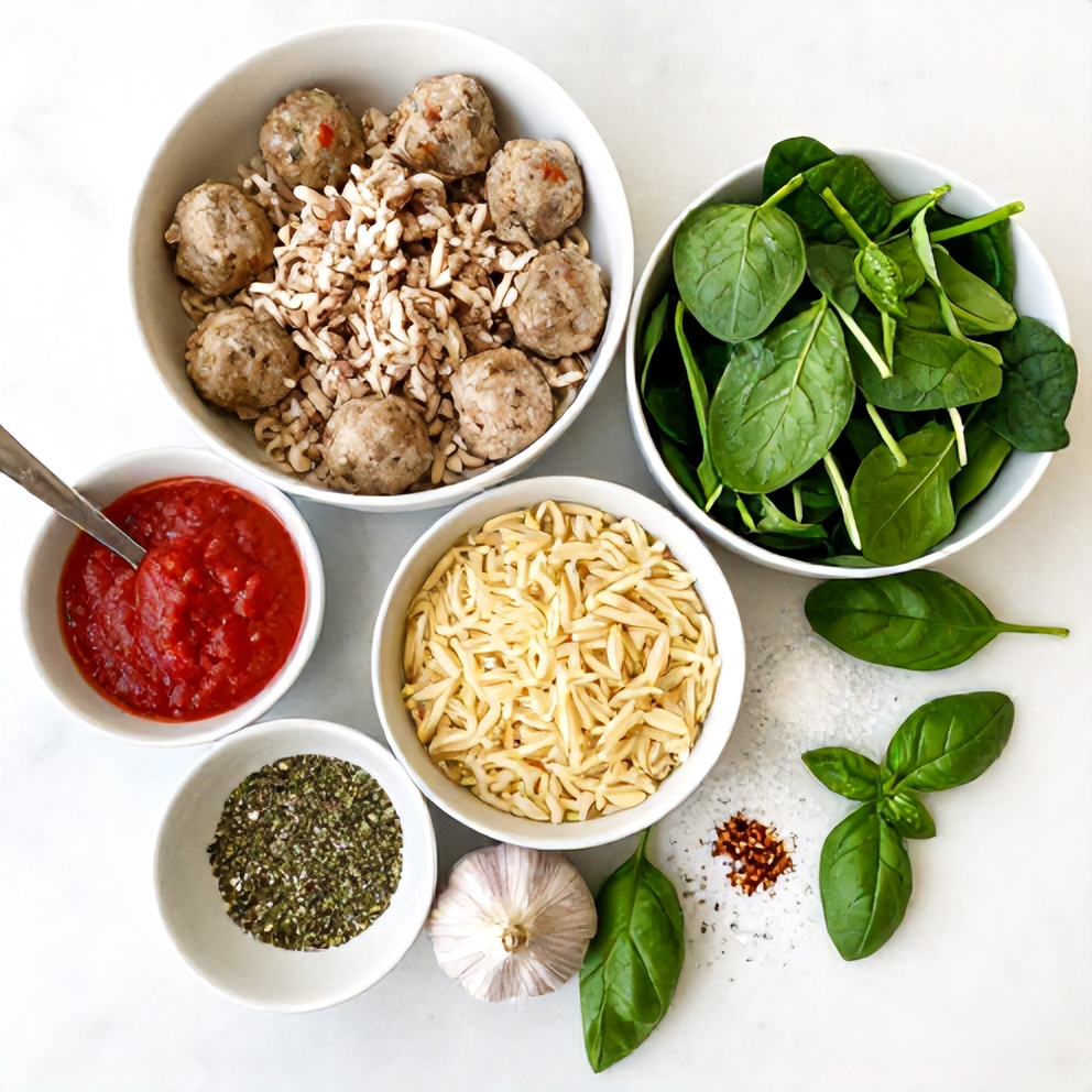 Raw ingredients for Turkey Meatball Soup with Orzo and Spinach