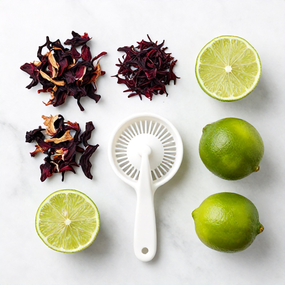Ingredients for keto hibiscus lime sparkling water laid out