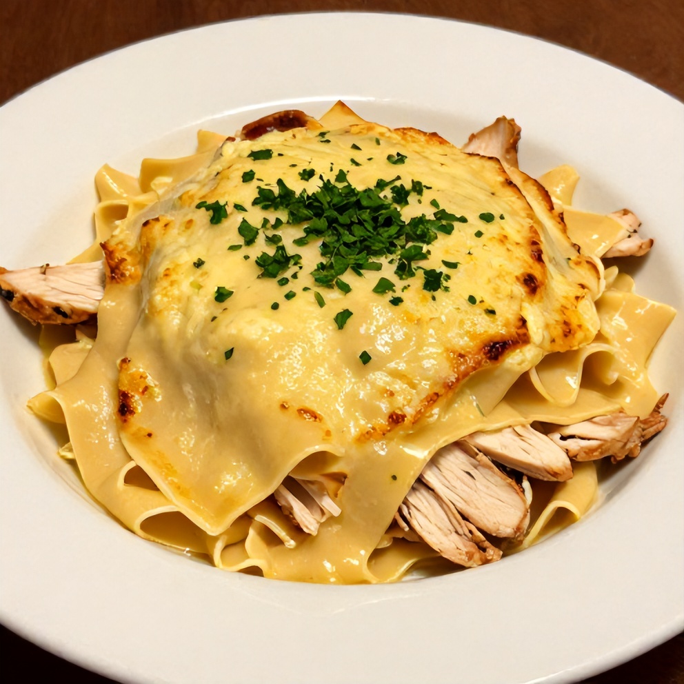 One perfect plated serving of high-protein chicken Alfredo bake with a sprinkle of fresh parsley on a white plate
