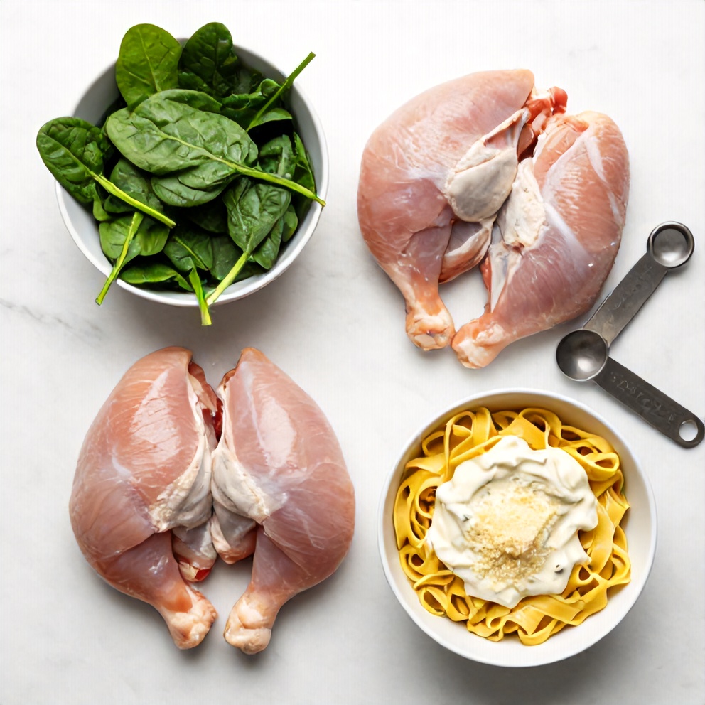 Overhead flat lay of raw chicken, spinach, fettuccine, Alfredo sauce, and Parmesan cheese on a white marble surface
