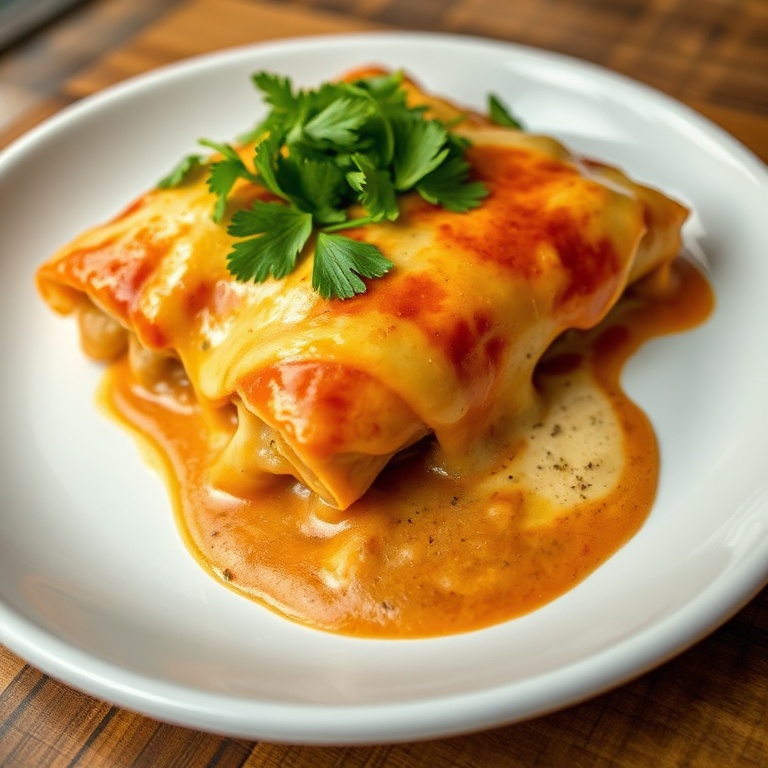 Serving of chicken enchiladas topped with fresh cilantro. A white plate with warm side lighting highlights the meltiness of the cheese and rich sauce.