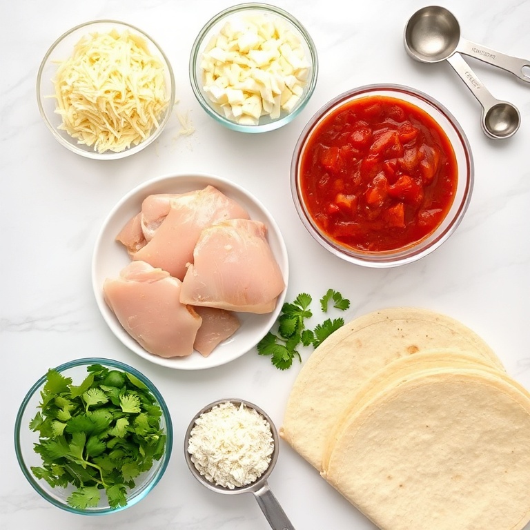 Raw ingredients for chicken enchiladas arranged in a flat lay. Chicken breast, shredded cheese, salsa, tortillas, and cilantro are clearly visible.