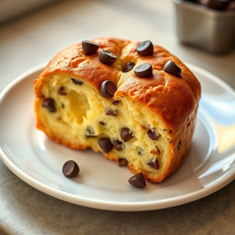 Warm chocolate chip custard brioche with a golden crust and visible chocolate chips