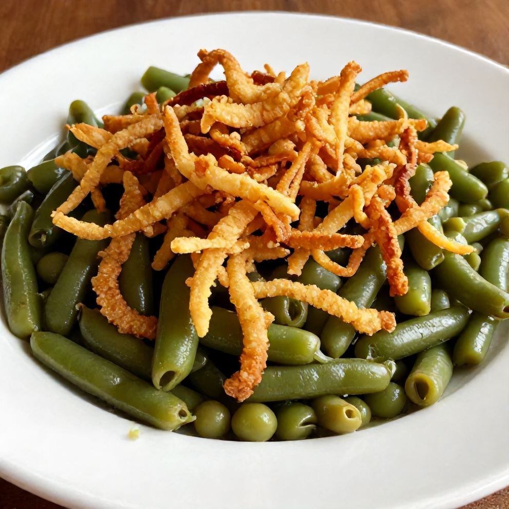 Served homemade green bean casserole on a dinner plate