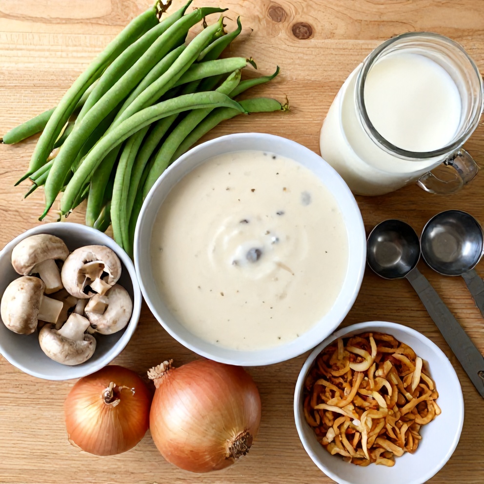 Raw ingredients for homemade green bean casserole on a wooden surface
