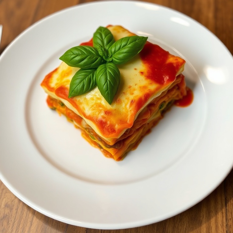 Perfectly plated lasagna with fresh basil garnish. Creamy mozzarella and golden cheese edges. White porcelain plate under warm lighting.