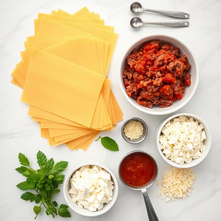 Overhead flat lay of lasagna ingredients. Fresh pasta sheets, ground beef, marinara sauce, ricotta, mozzarella, and Parmesan. Measuring spoons and bowls visible. White marble surface.