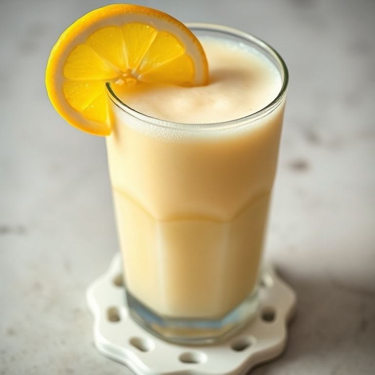 Single glass of homemade lemon creamade garnished with lemon slice on a white ceramic coaster with soft side light