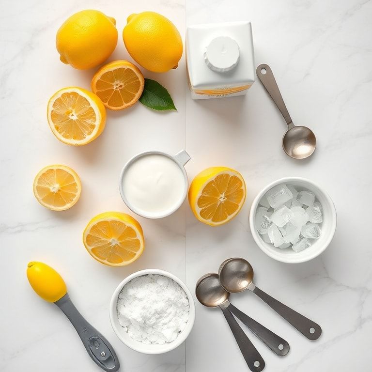Overhead flat lay of ingredients for lemon creamade including fresh lemons, cream, sugar, water, and ice cubes with measuring spoons on white marble