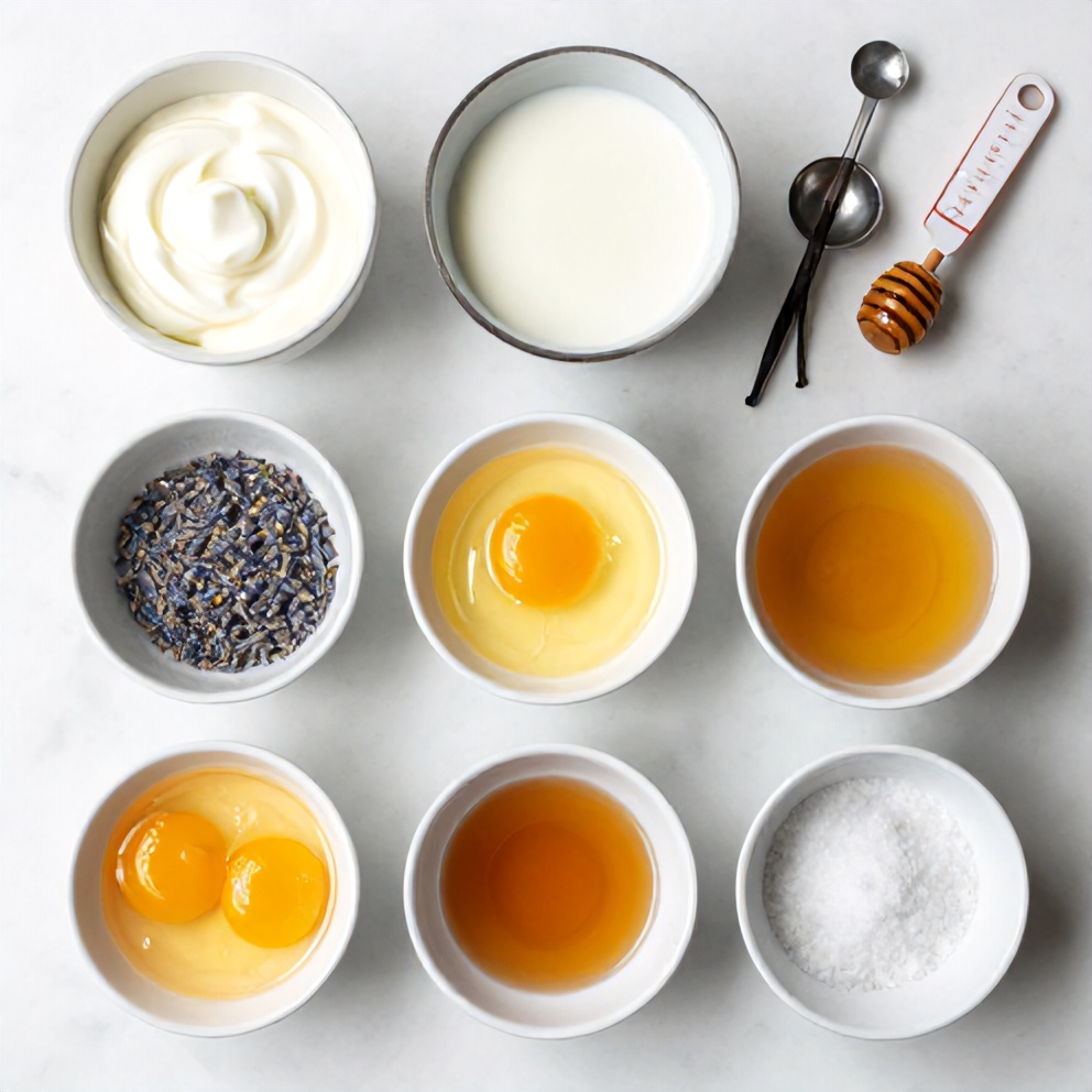 Raw ingredients for honey lavender ice cream